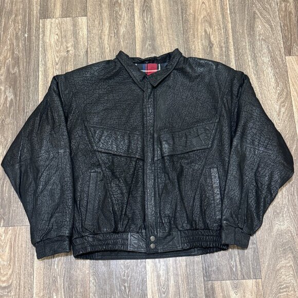 VTG Cow Leather Bomber Jacket Men's Large Black Lined 90s Biker Runnci Ernos